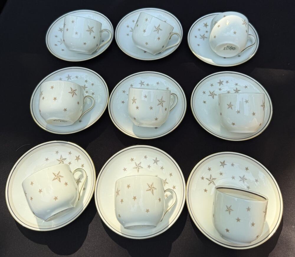 9 Rare Vintage Bing & Grondahl Milky Way Gold Star Pattern Tea Cups & Saucers